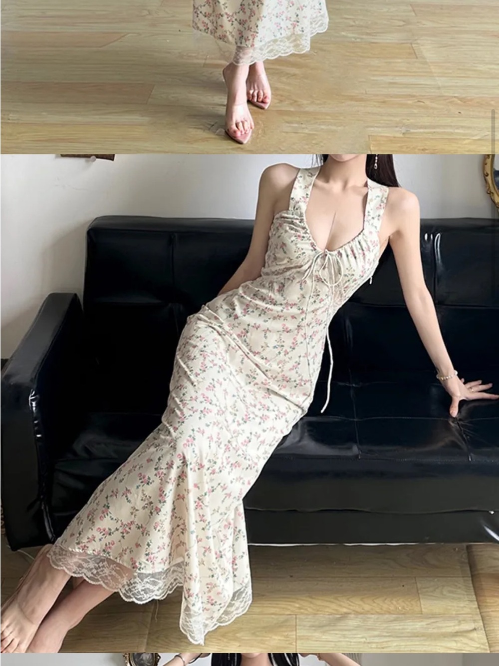 Floral Lace-Trim Midi Dress in Cream